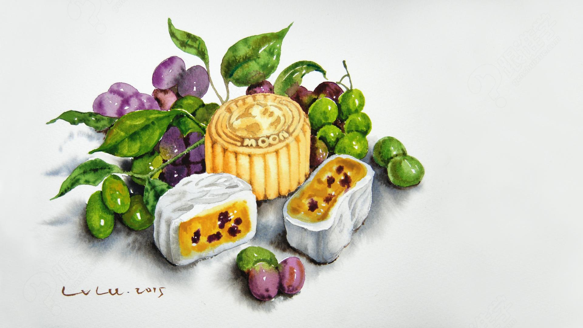 水彩静物教学视频【月饼和水果】